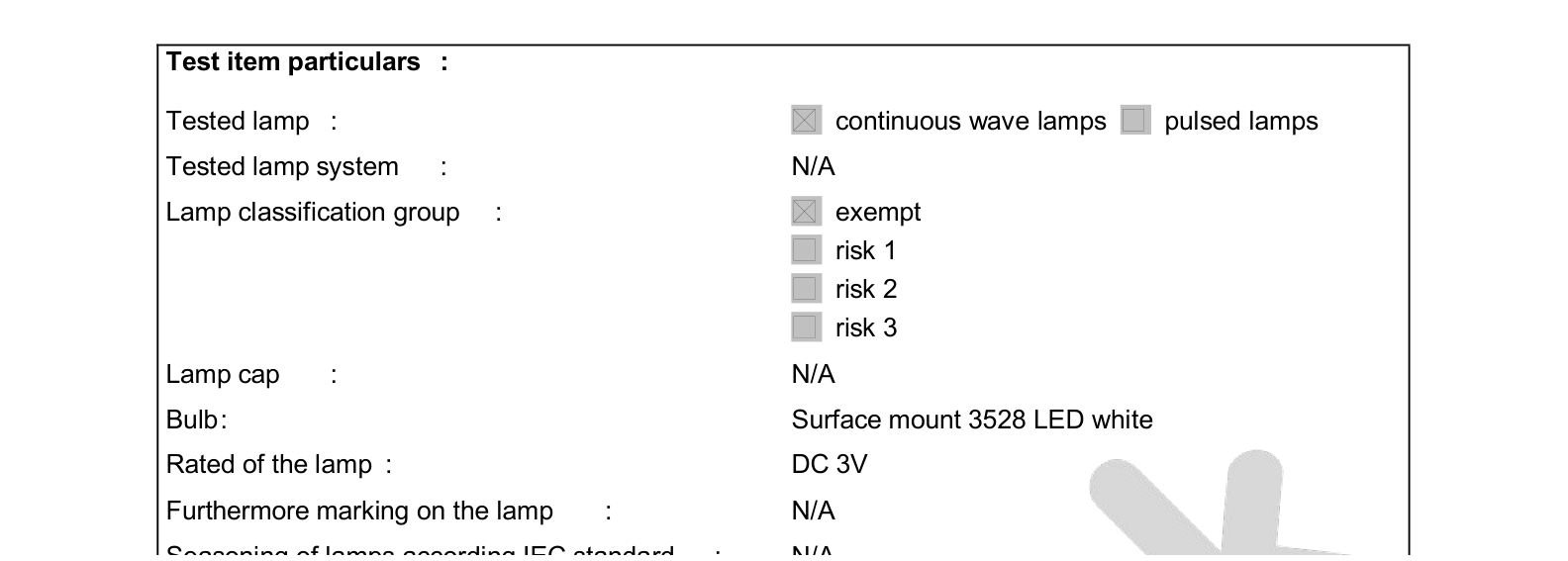 EN62471 test item particulars classifying Lightstec LED strip as exempt group