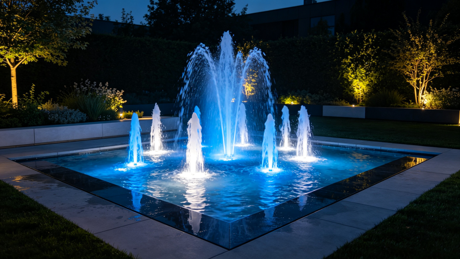 Garden fountain with underwater LED lights at night