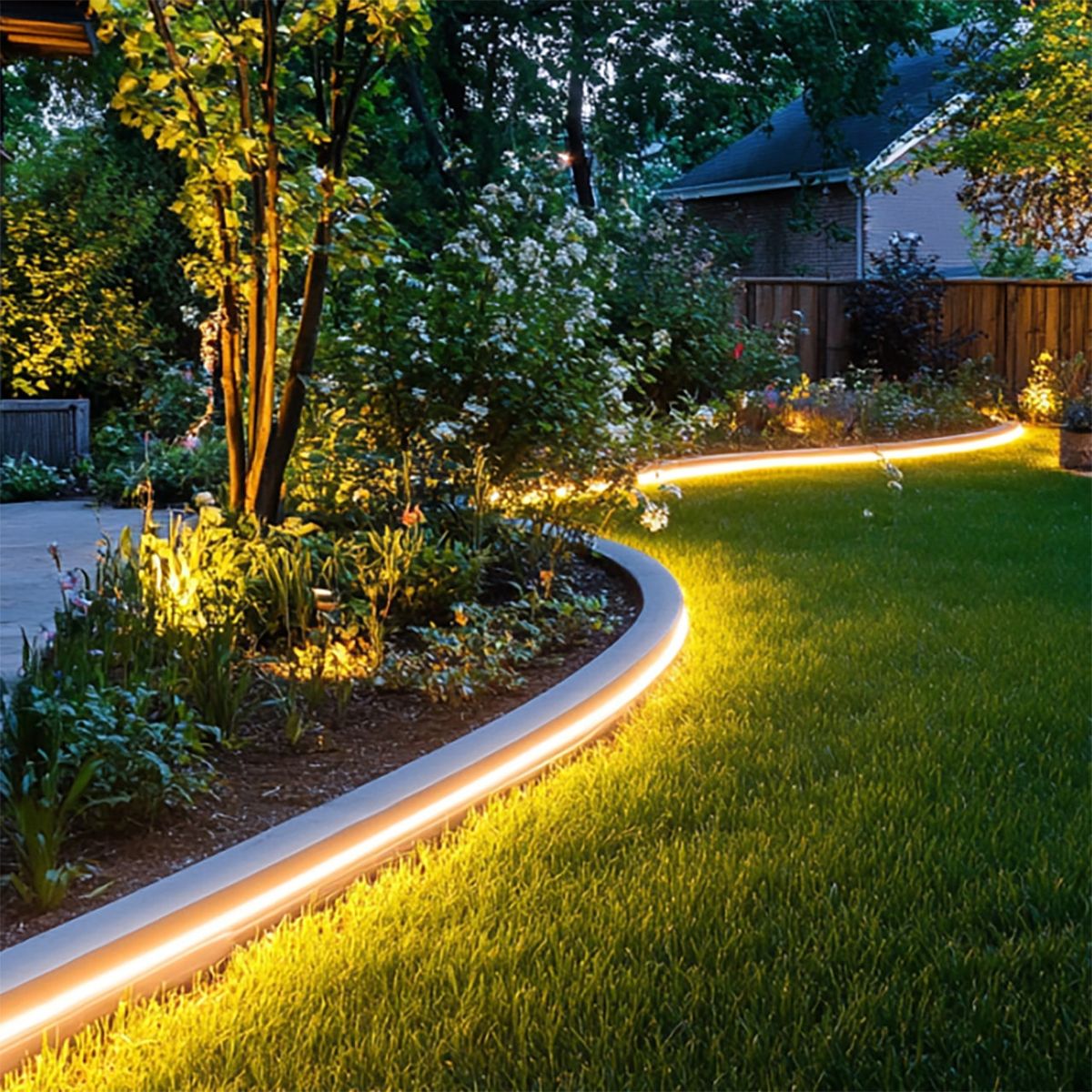 Warm LED strip lights illuminating a garden pathway and flower beds at night