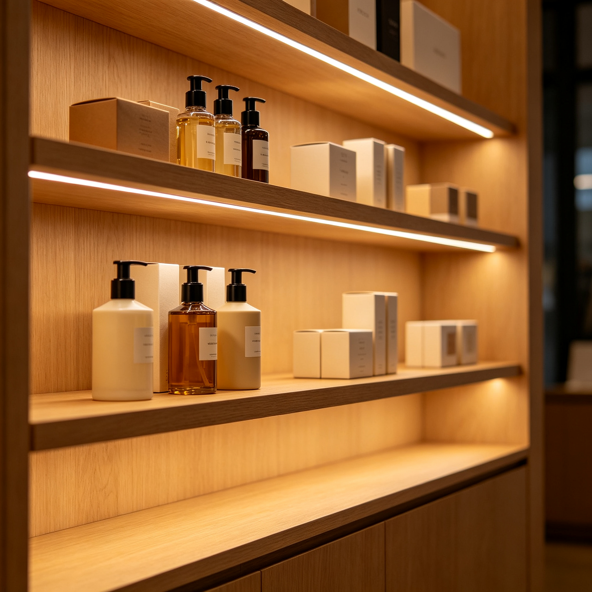 LED strip lighting on retail display shelves