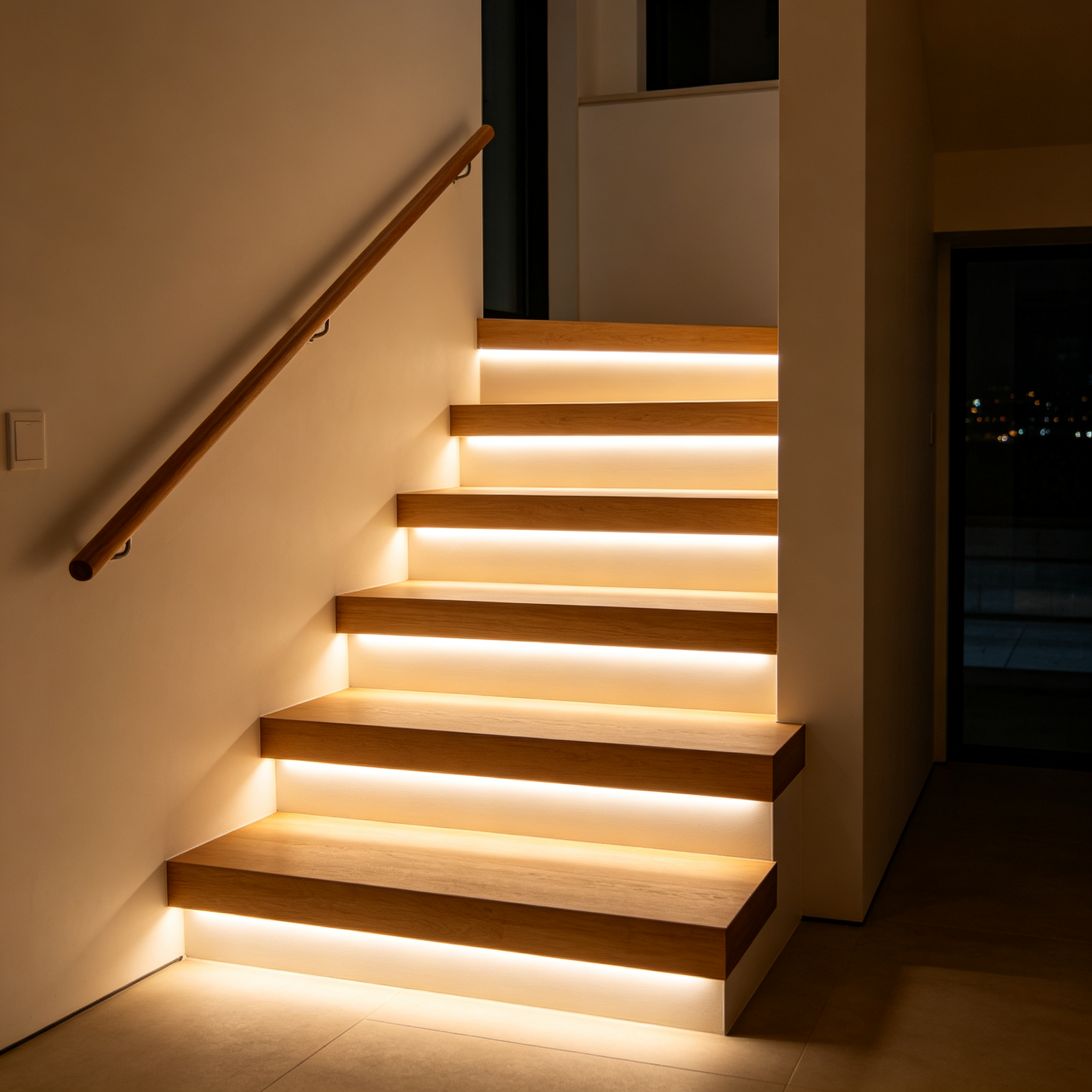 LED strip light on indoor stair treads