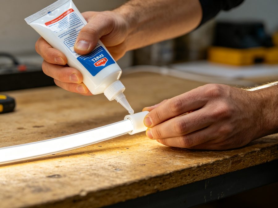 Seal the cut end of LED neon flex with end cap and glue