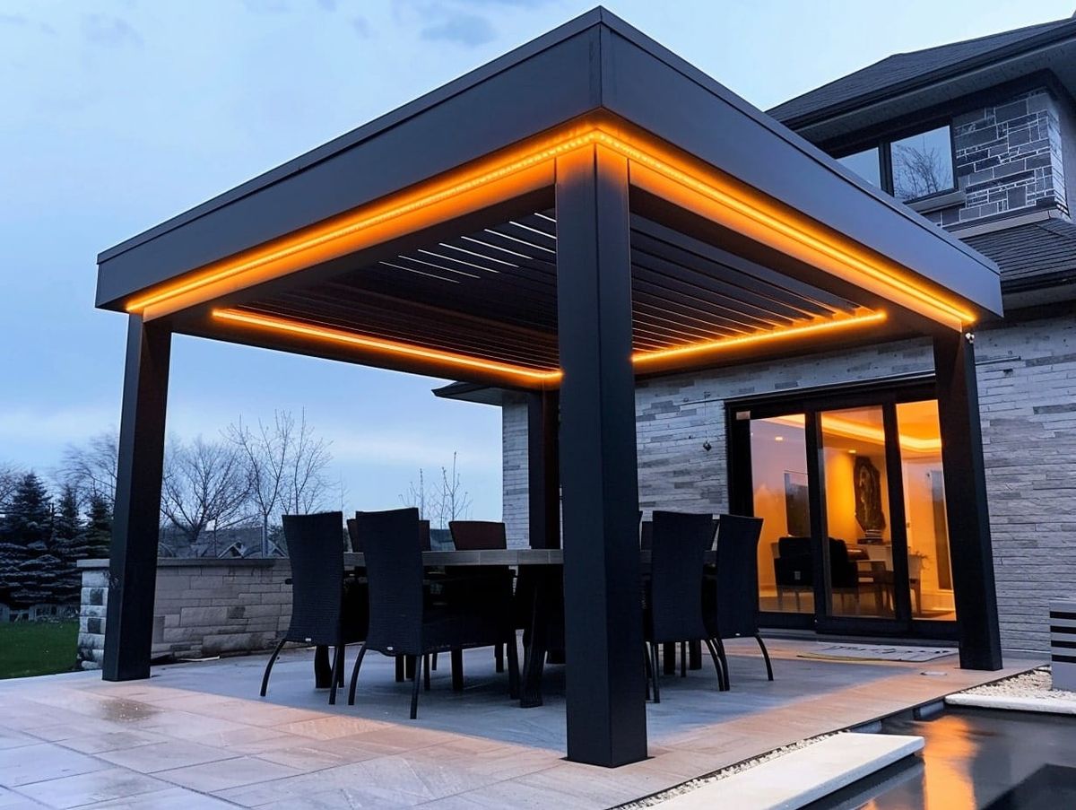 Warm LED strip lights along the edges of a modern backyard pergola