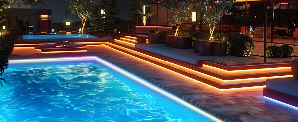 Warm LED strip lights around a swimming pool and garden steps at night