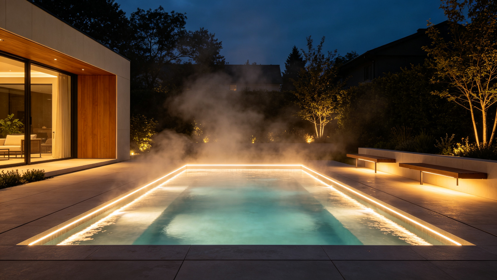 Luxury spa hot tub with warm LED strip lighting at night