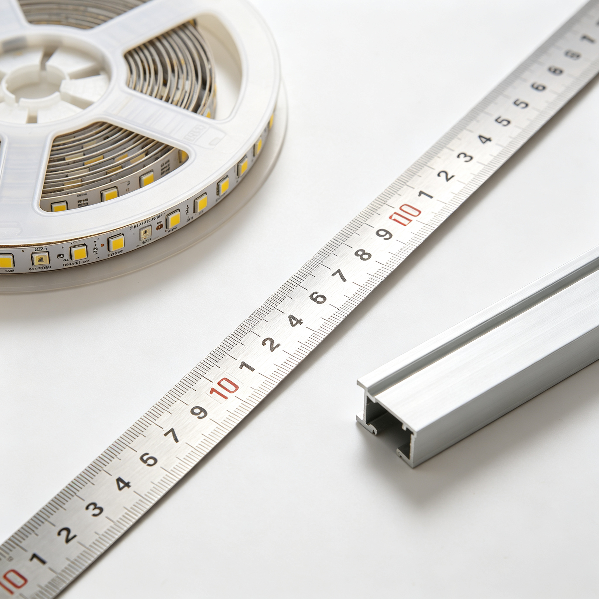 Measuring LED strip PCB width with ruler beside aluminum channel