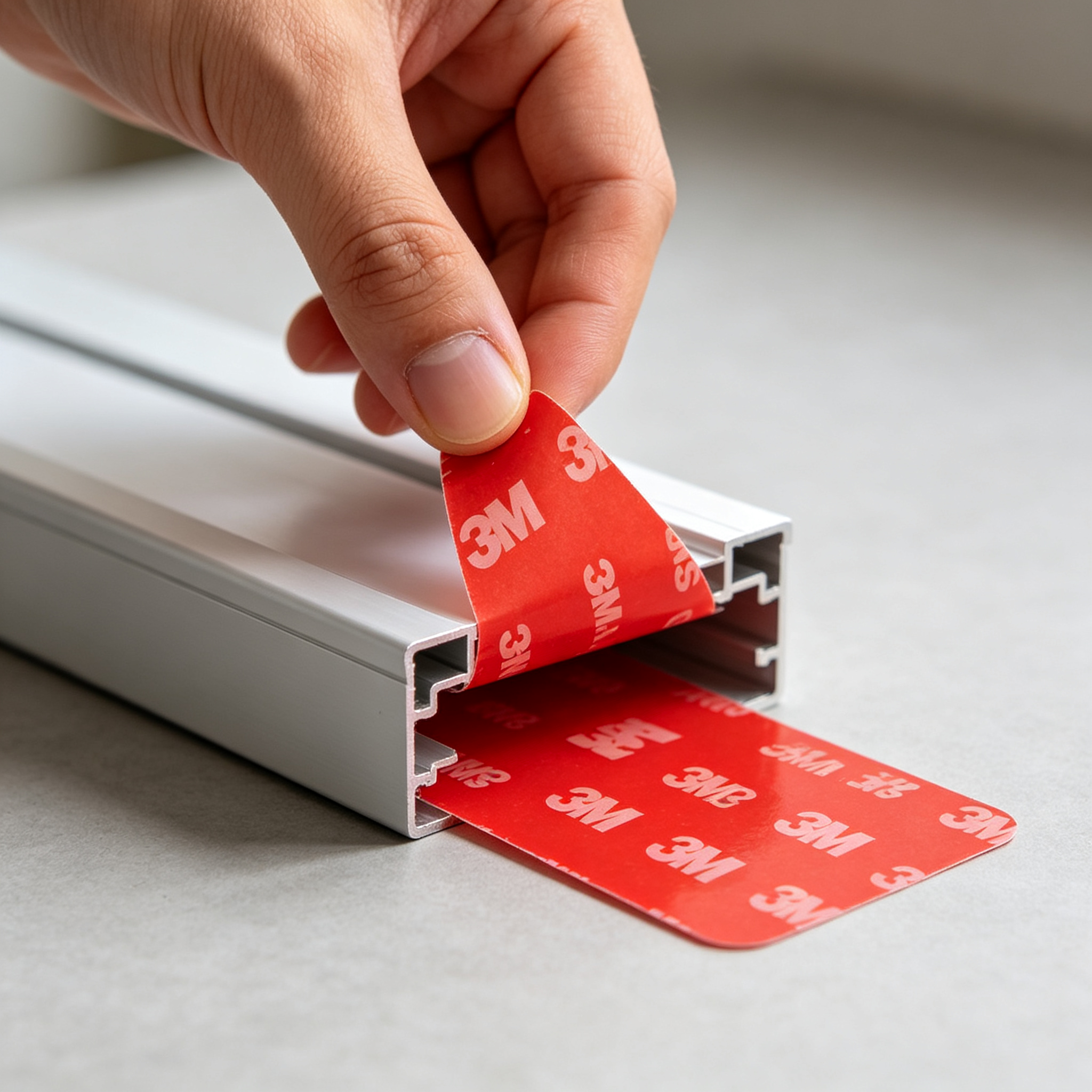 Peeling 3M adhesive backing off LED aluminum profile