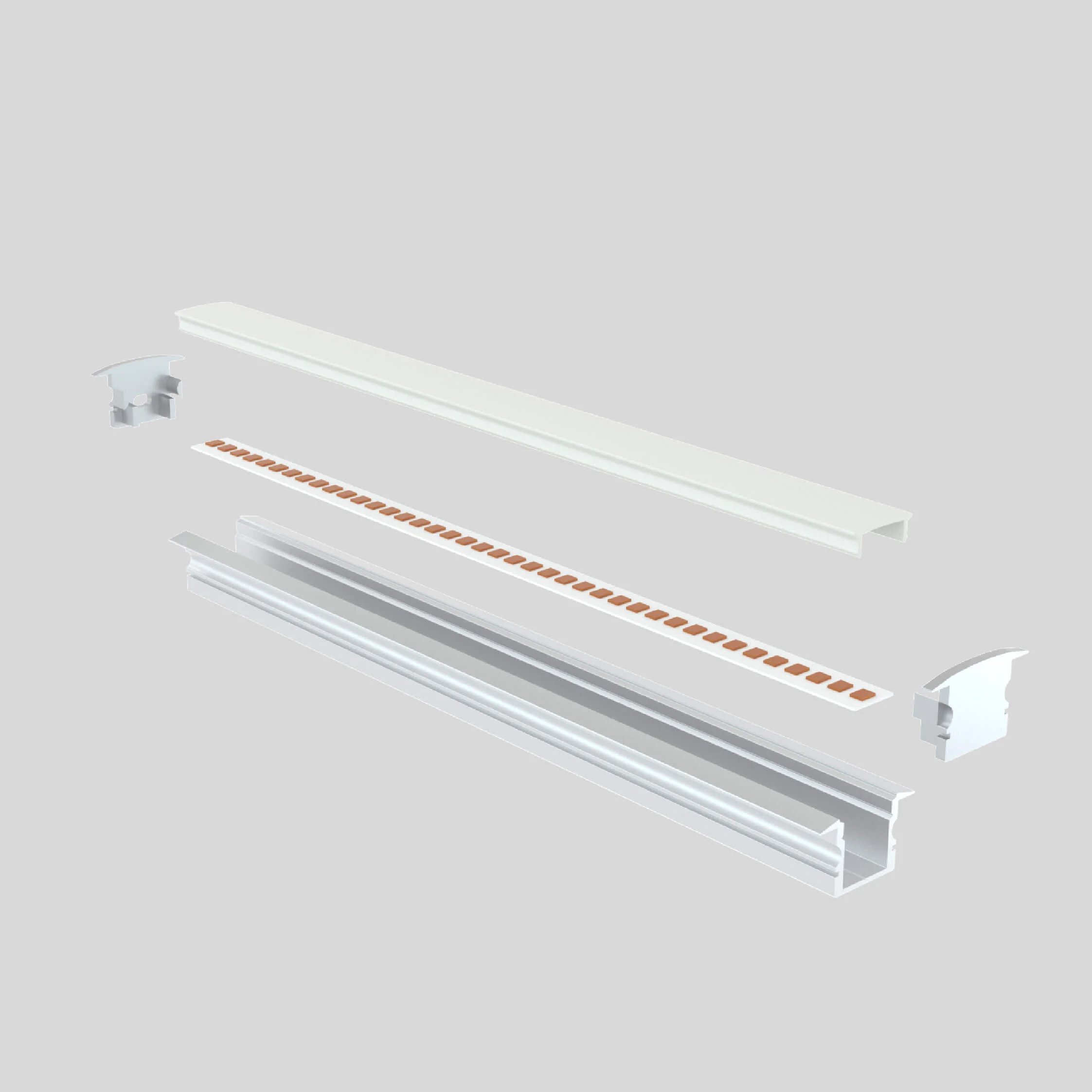 Wall wash LED profile components: aluminum channel, LED strip, diffuser and end caps
