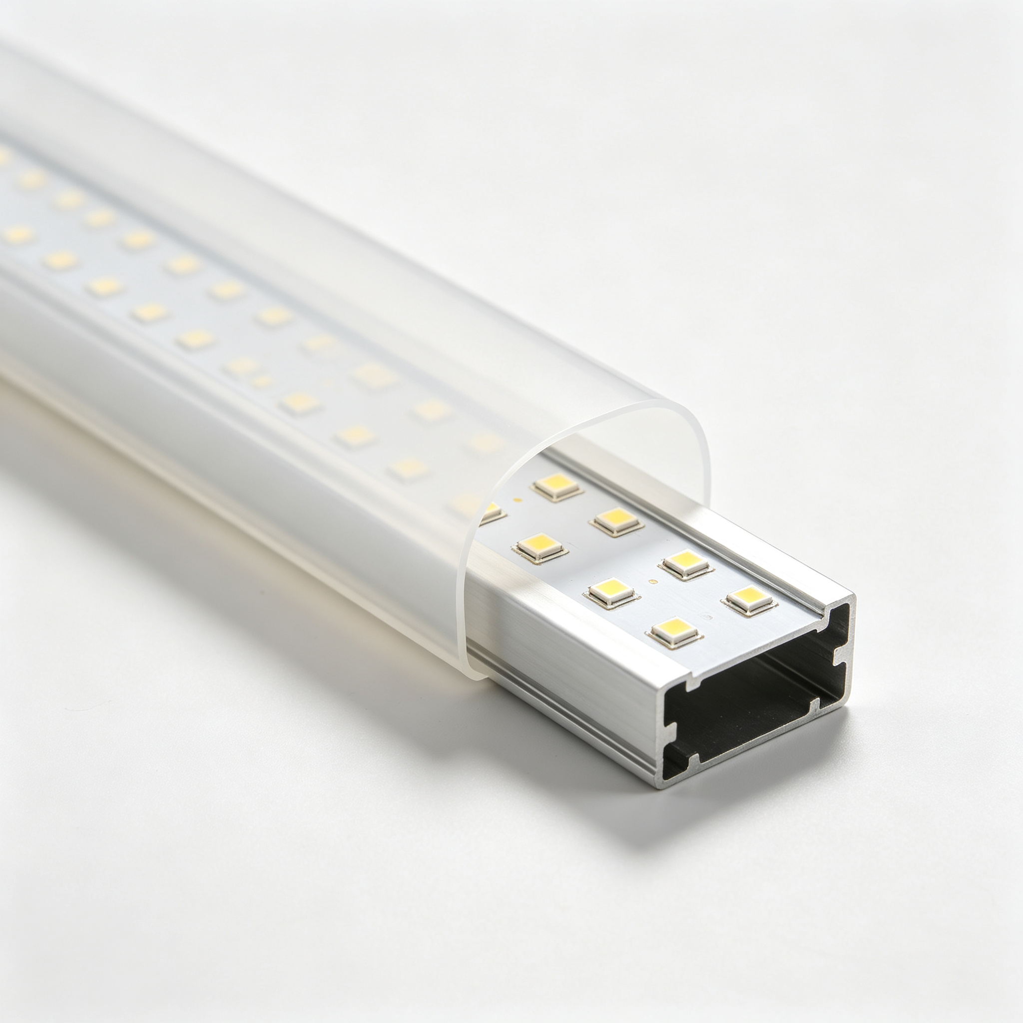 LED aluminum profile with diffuser half open showing strip