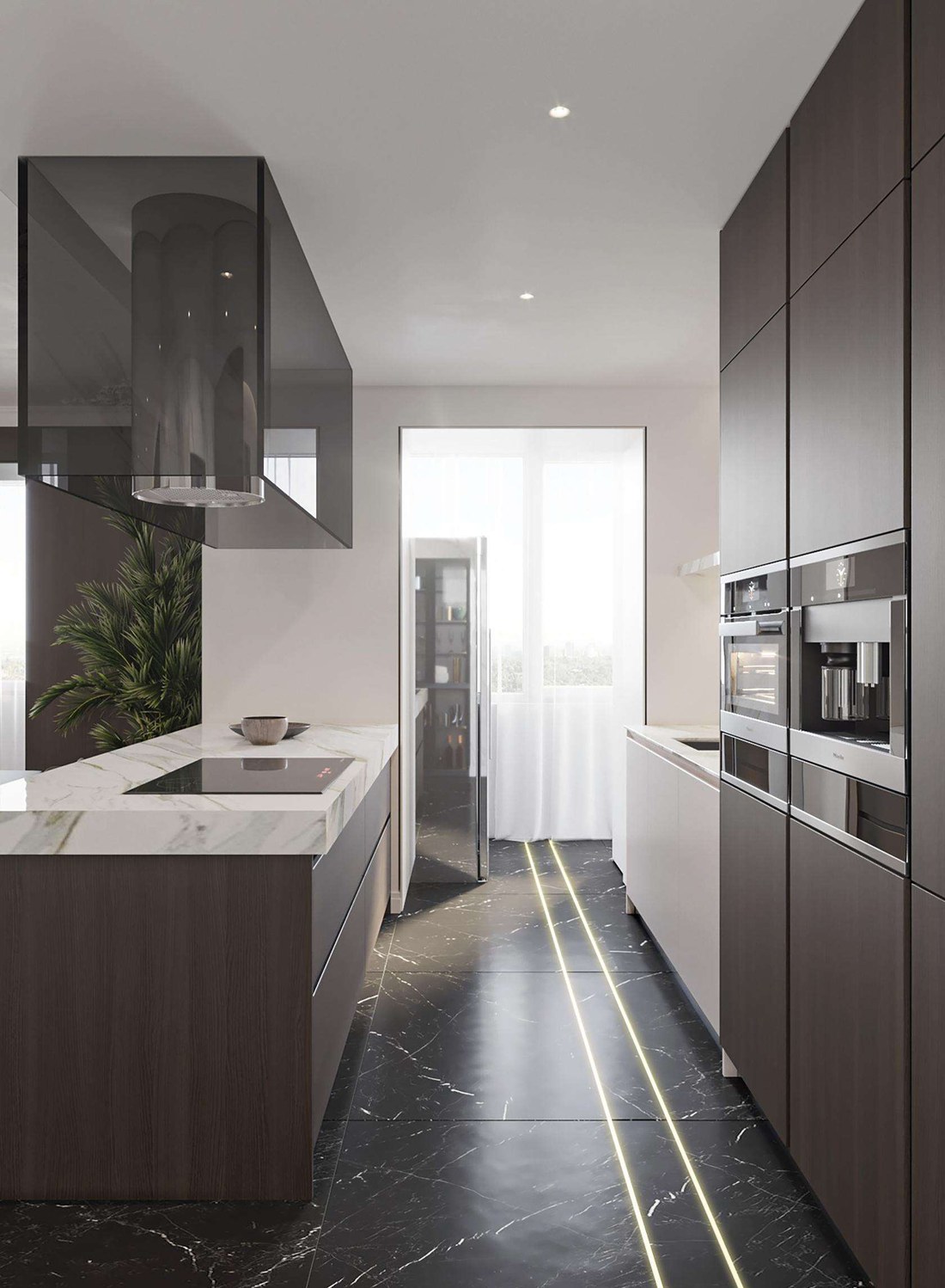 Waterproof in-ground LED profile lighting in a modern kitchen floor