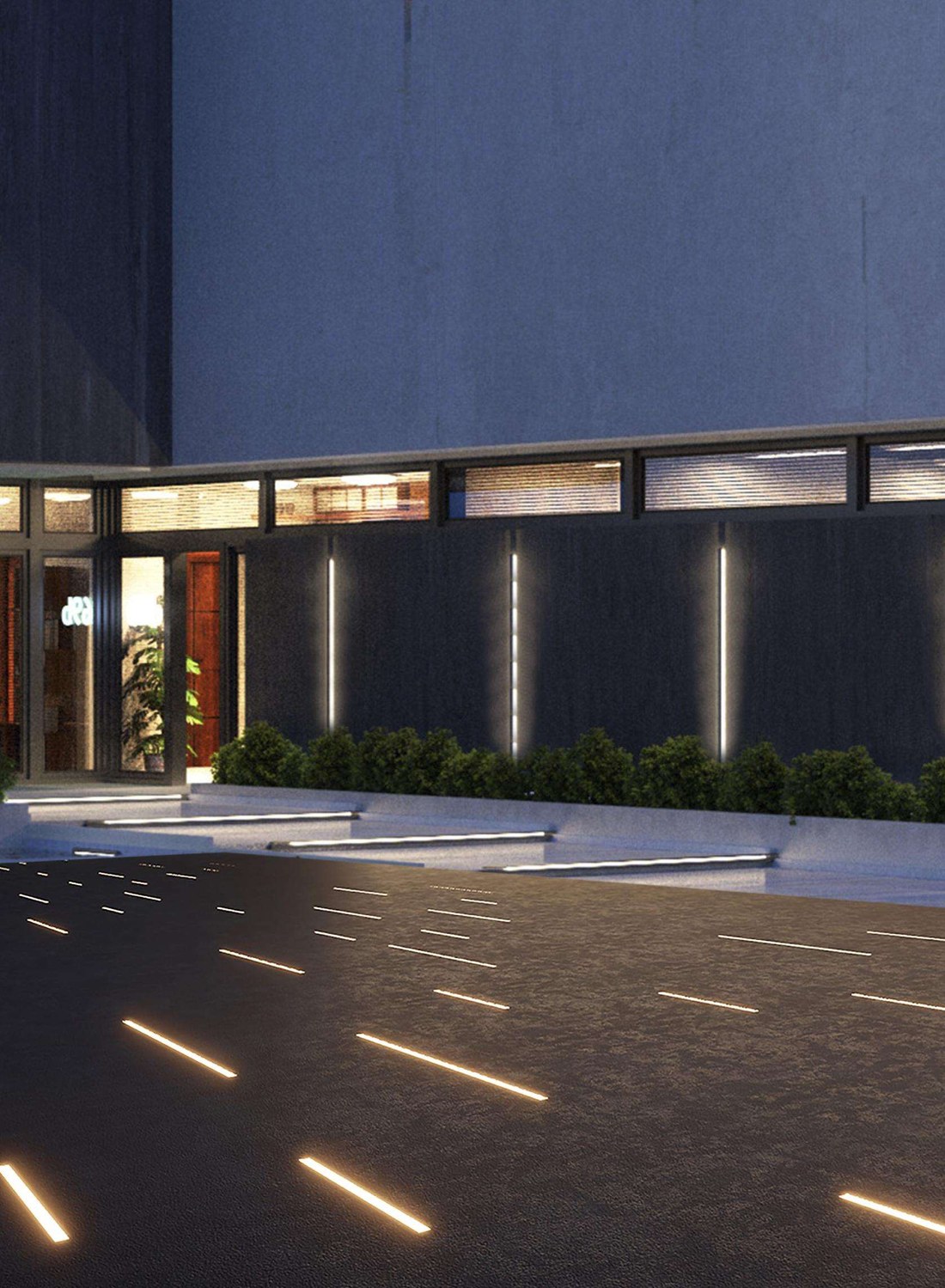 Waterproof LED profile facade and in-ground lighting at night