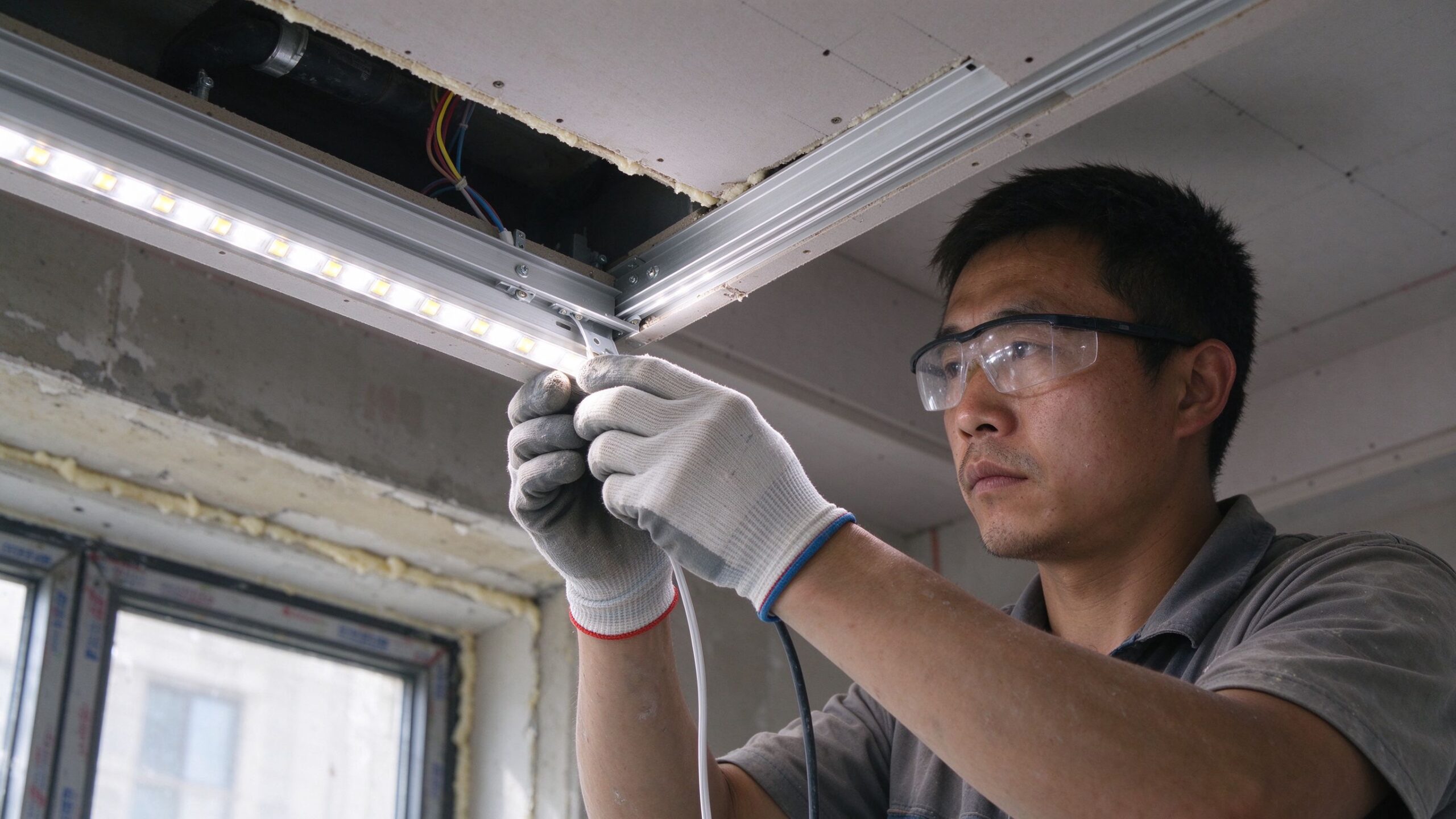 Installer fitting LED strip with proper ESD protection on site