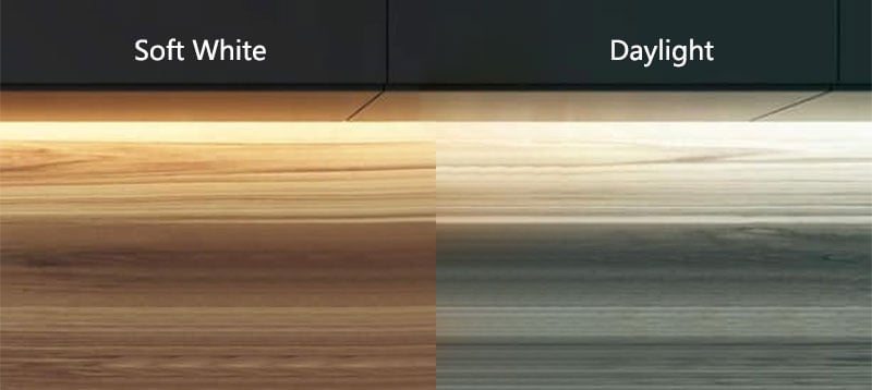 Soft White vs Daylight light on wooden kitchen cabinets