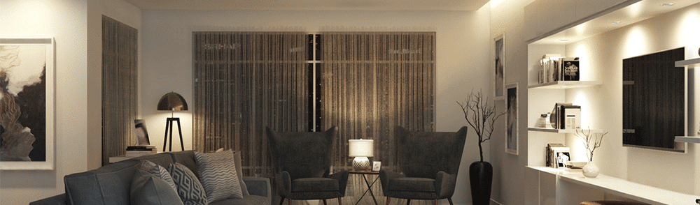 Tunable white living room comparing color temperatures from soft white to daylight