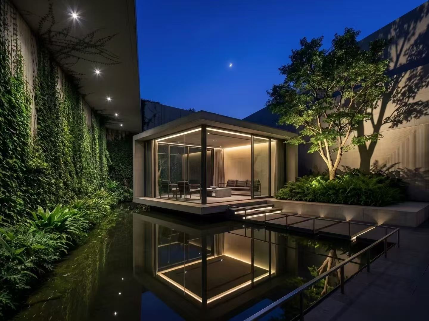 Glass waterside pavilion with warm LED accent lighting