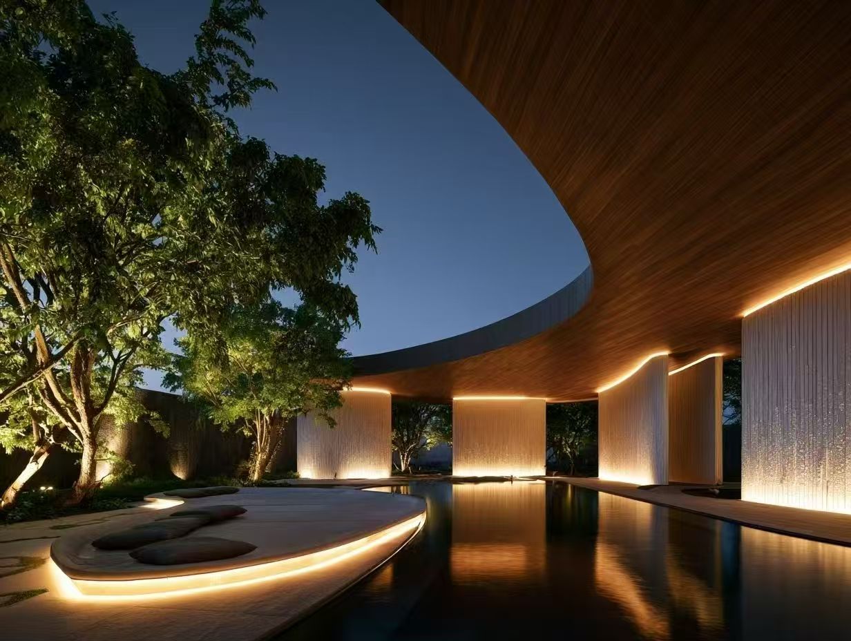 Arched wooden pergola with integrated warm LED strip