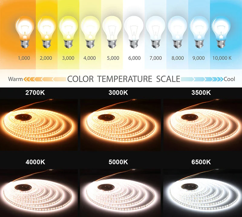 LED light color temperature scale 1000K to 10000K with 2700K-6500K LED strip rings