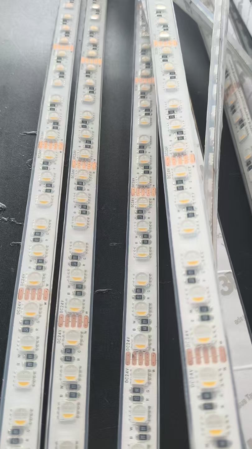 SMD LED strip close-up with LED beads and resistors