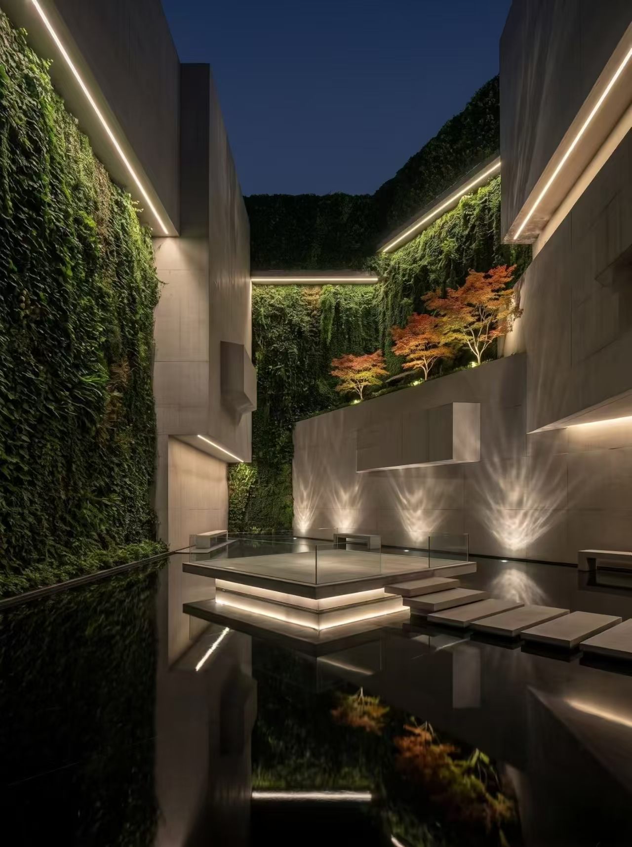 Modern sunken courtyard with linear LED up-lighting