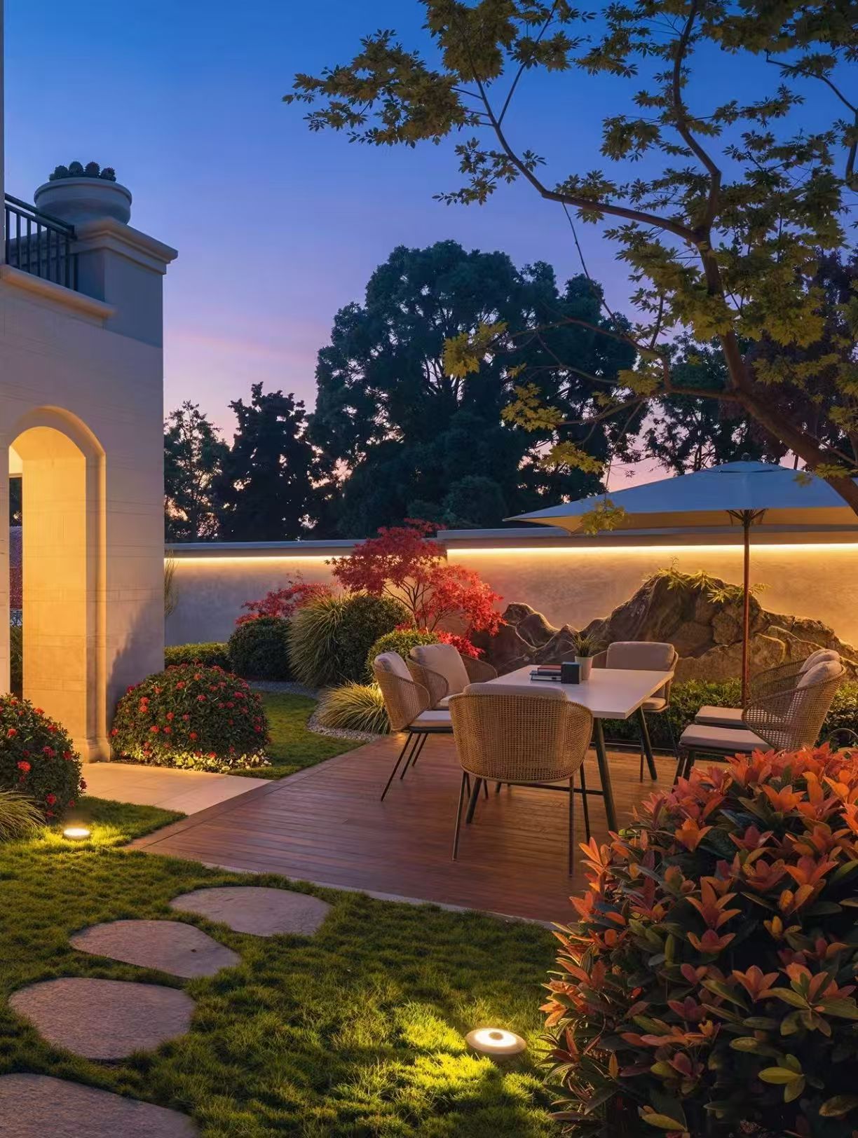 Villa garden LED wall-washing lighting at dusk